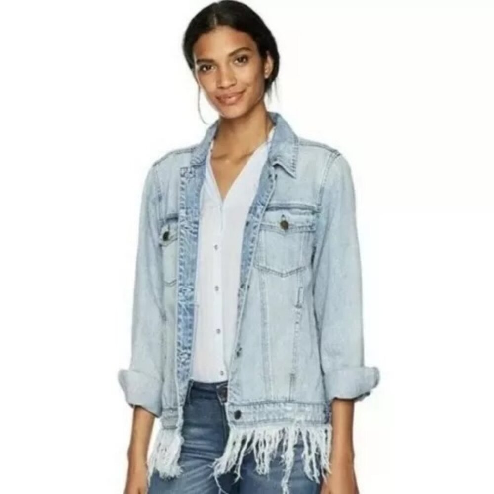 Blank NYC Blue Frayed Fringe Hem Denim Oversized Trucker Jacket S